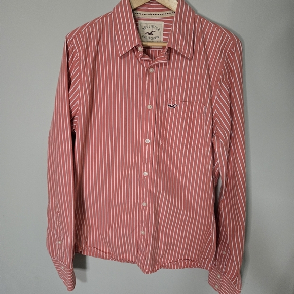 Hollister Cal. Men's Salmon Color 💯 Cotton Striped Button Up Long Sleeve Shirt - Picture 4 of 12